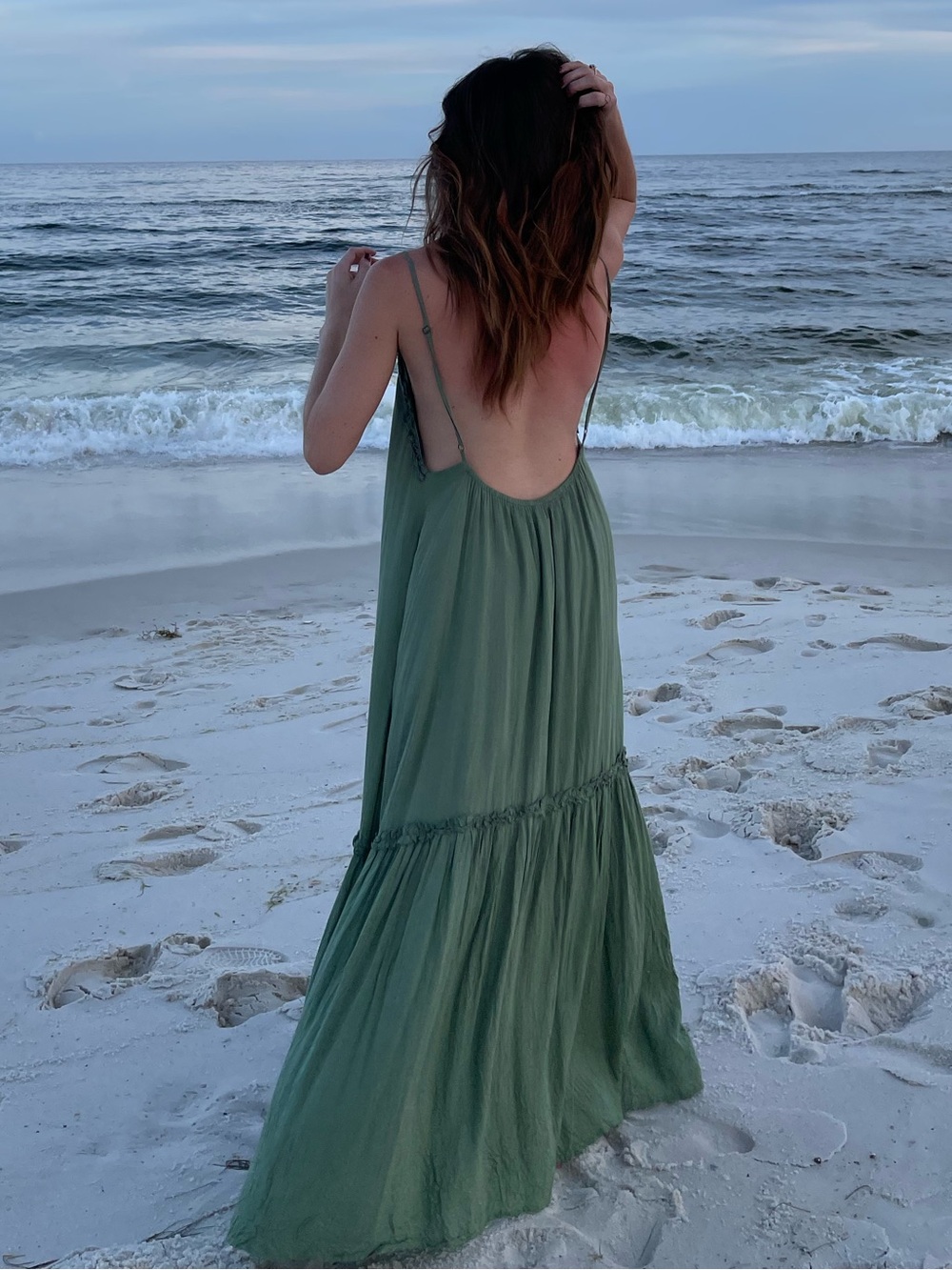 Alia Blue Sage Green Open Back Maxi Dress